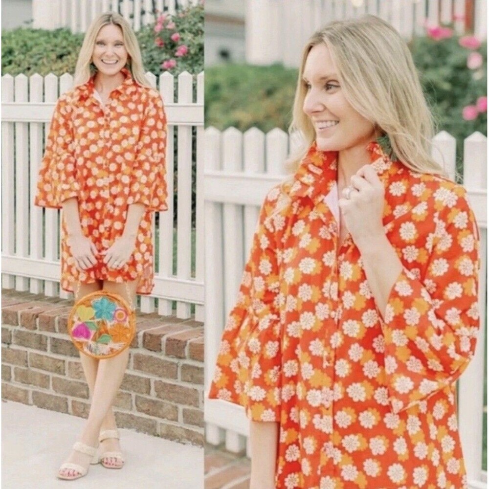 VICTORIA DUNN Shirt Dress Size XL Pawleys Folly Retro Floral Orange Flounce Mini